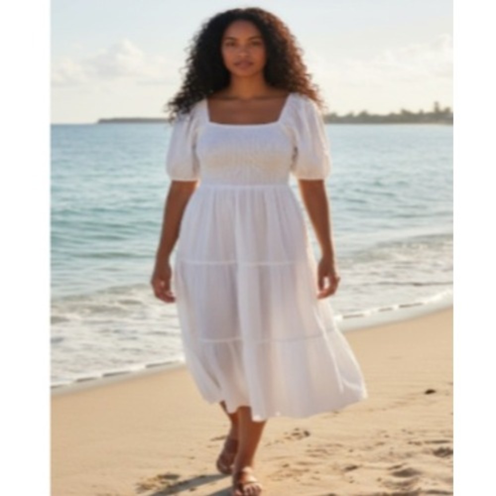 J GEE White Smocked Tiered Midi Dress Puff Sleeve Square Neck Plus Size 3X